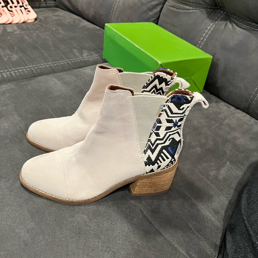 Tan Toms booties with Aztec detail